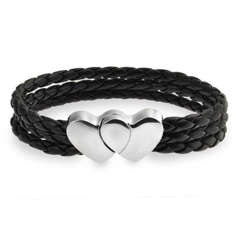 Leather BRACELET Black two Heart