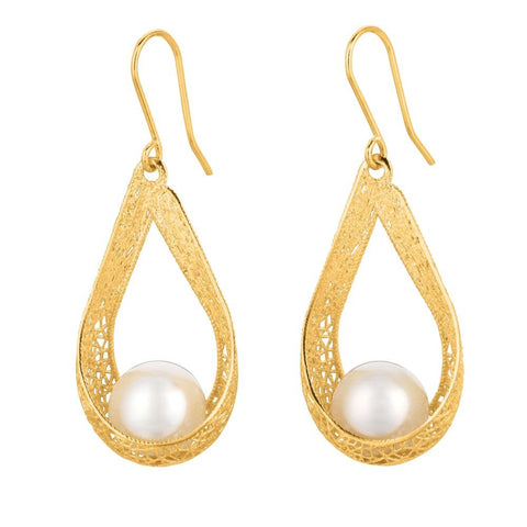 Gold Earring with Pearl in Cradle
