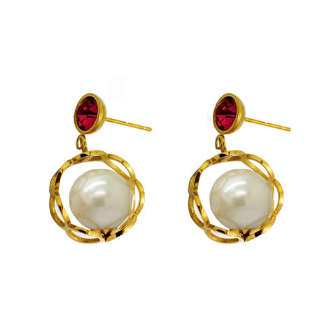 Gold Earring with Red Ruby cubic Pearl